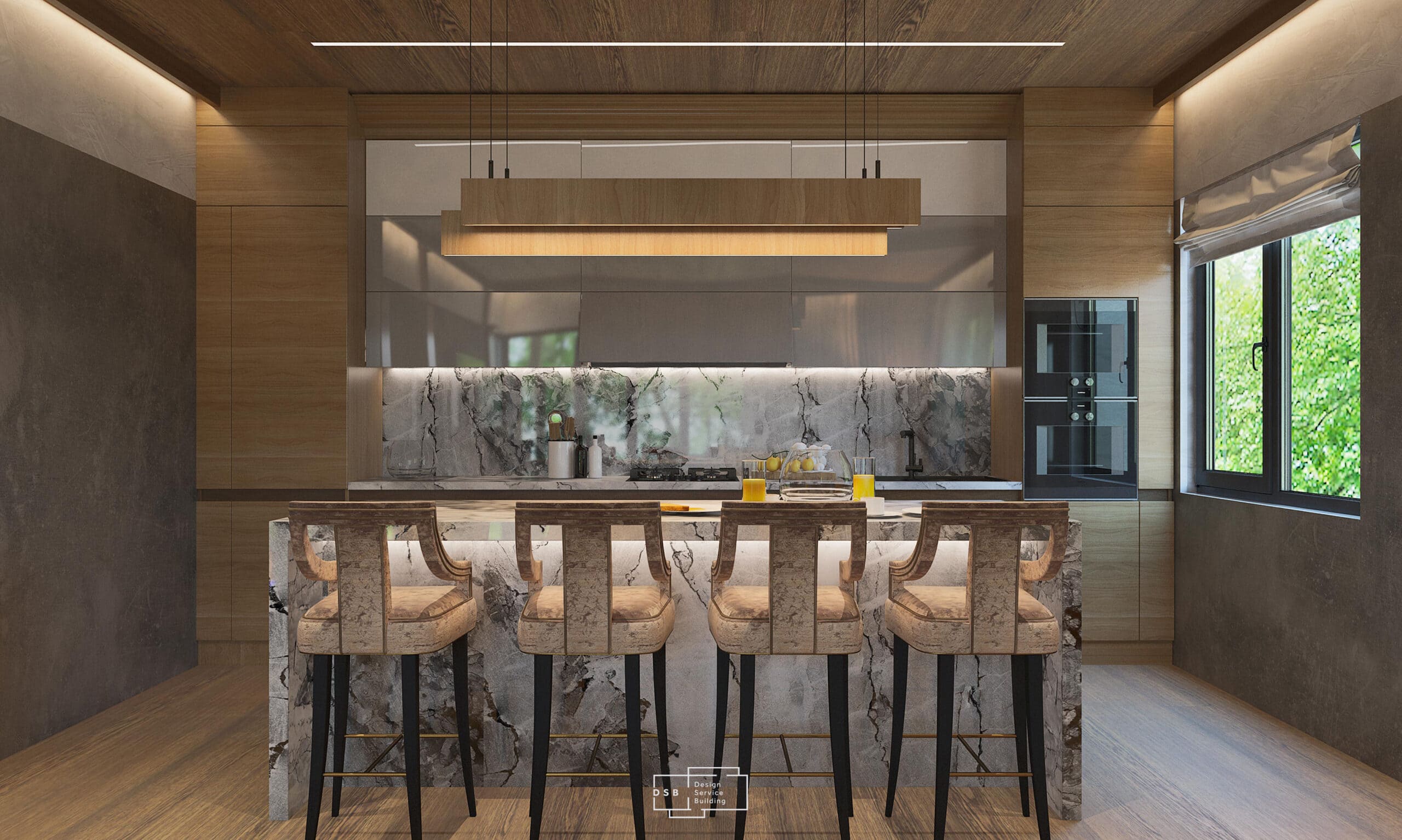 Grayscale interior photograph — wide view of a completed Mink residential project