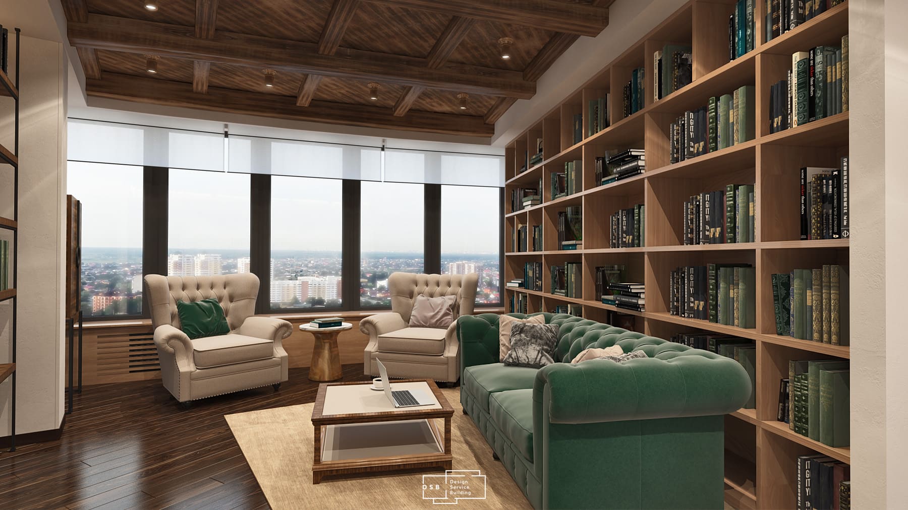 Contemporary living room with warm lighting and linen curtains — showcase interior project by DSB studio